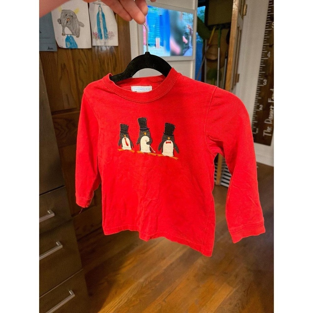 Janie and Jack red long-sleeve holiday shirt featuring embroidered penguins 2t